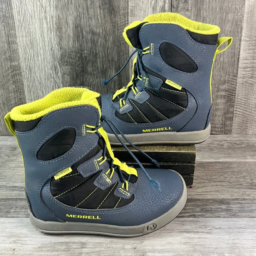 Merrell Snow Bank 4.0 Waterproof Winter Boots Kids Youth 11M Navy Lime MK267712